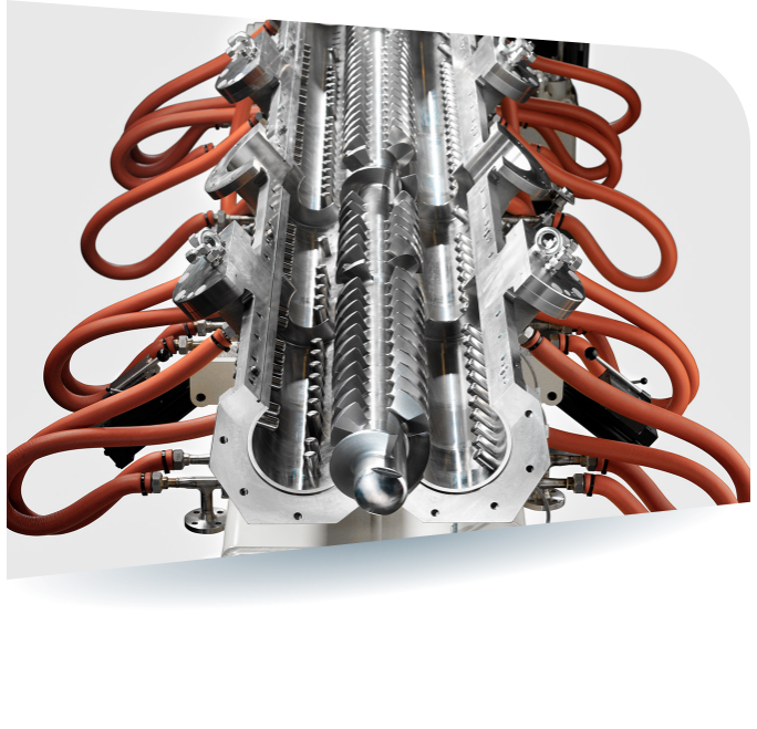 Detailaufnahme der modularen LR-Schnecke mit aufsteckbaren Schneckenelementen und Wärmeübertragungskreislauf im Schaft.