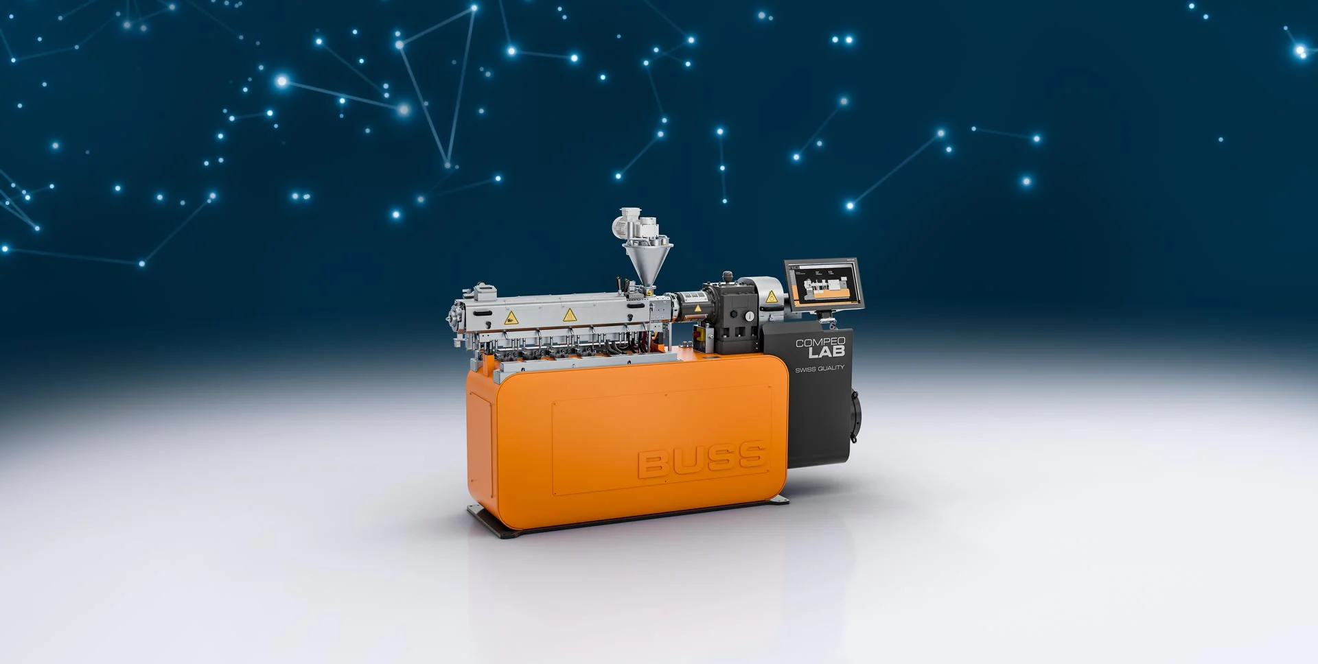 Ein COMPEO LAB Compounder, platziert in der BUSS Welt. Der kleinste Laboratory Ko-Kneter, das Compounder-Modell für Laboranwendungen.