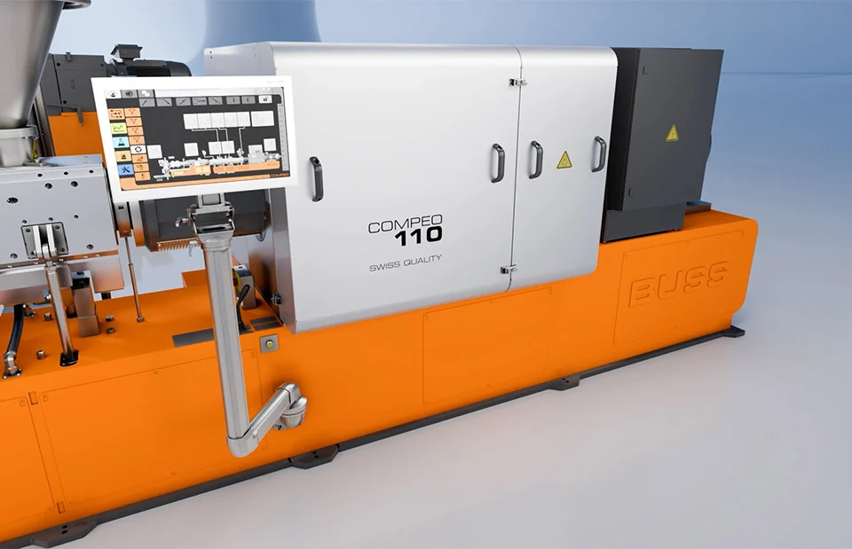 buss_compeo110_touchscreen_industry-4-0_WEB Detailaufnahme der Anlagensteuerung eines COMPEO Compounders von BUSS - Die intuitive Steuerkonsole ist ausgestattet mit allen Konnektivitätsanforderungen für Industrie 4.0