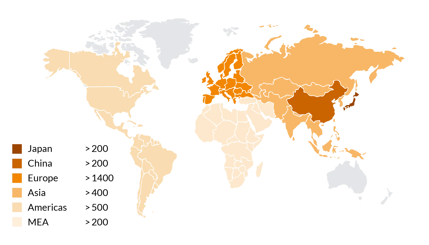 buss_web2024_all_applications_world_map World map with an overview of all BUSS Kneaders in use worldwide. Japan over 200, China over 200, Europe over 1400, Asia over 400, America over 500, MEA over 200.