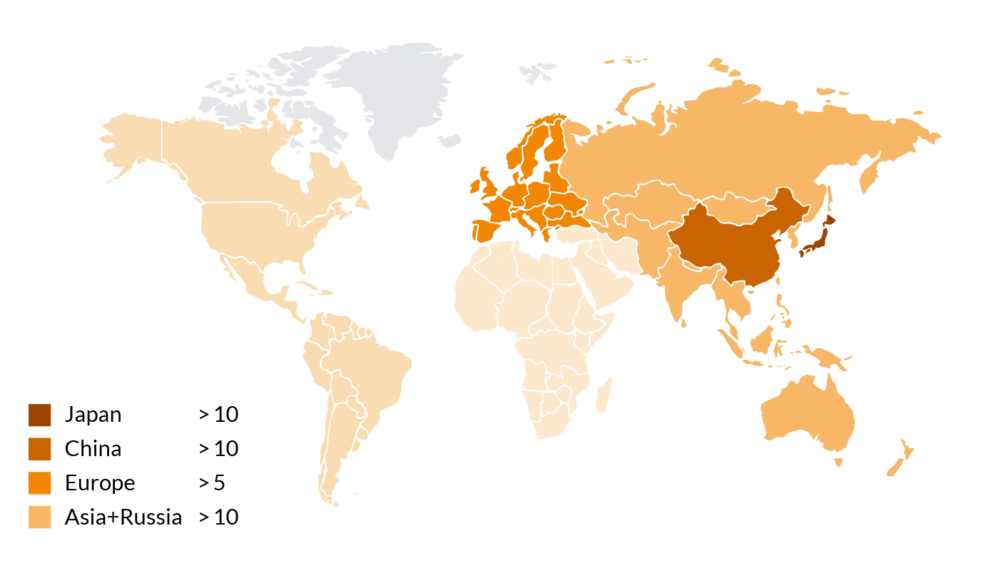 buss_web2024_applications_epoxy-molding-compounds-emc_weltkarte World map with an overview of the BUSS Co-Kneaders used for EMC compounding