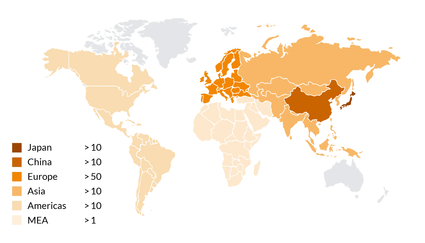 buss_web2024_applications_masterbatch_weltkarte World map showing an overview of Co-Kneaders used for masterbatch compounding