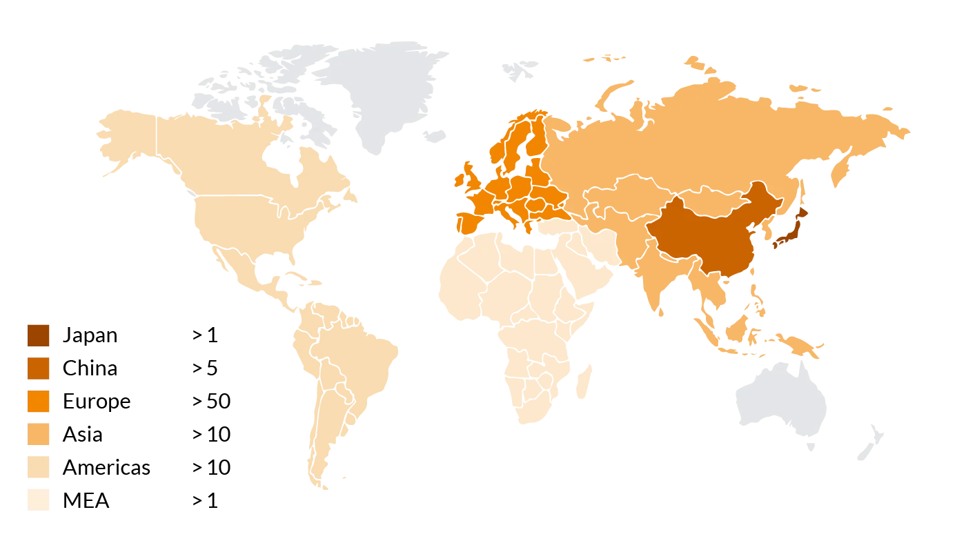 buss_web2024_applications_performance-compounds_weltkarte World map with an overview of the Co-Kneaders used for manufacturing performance compounds.
