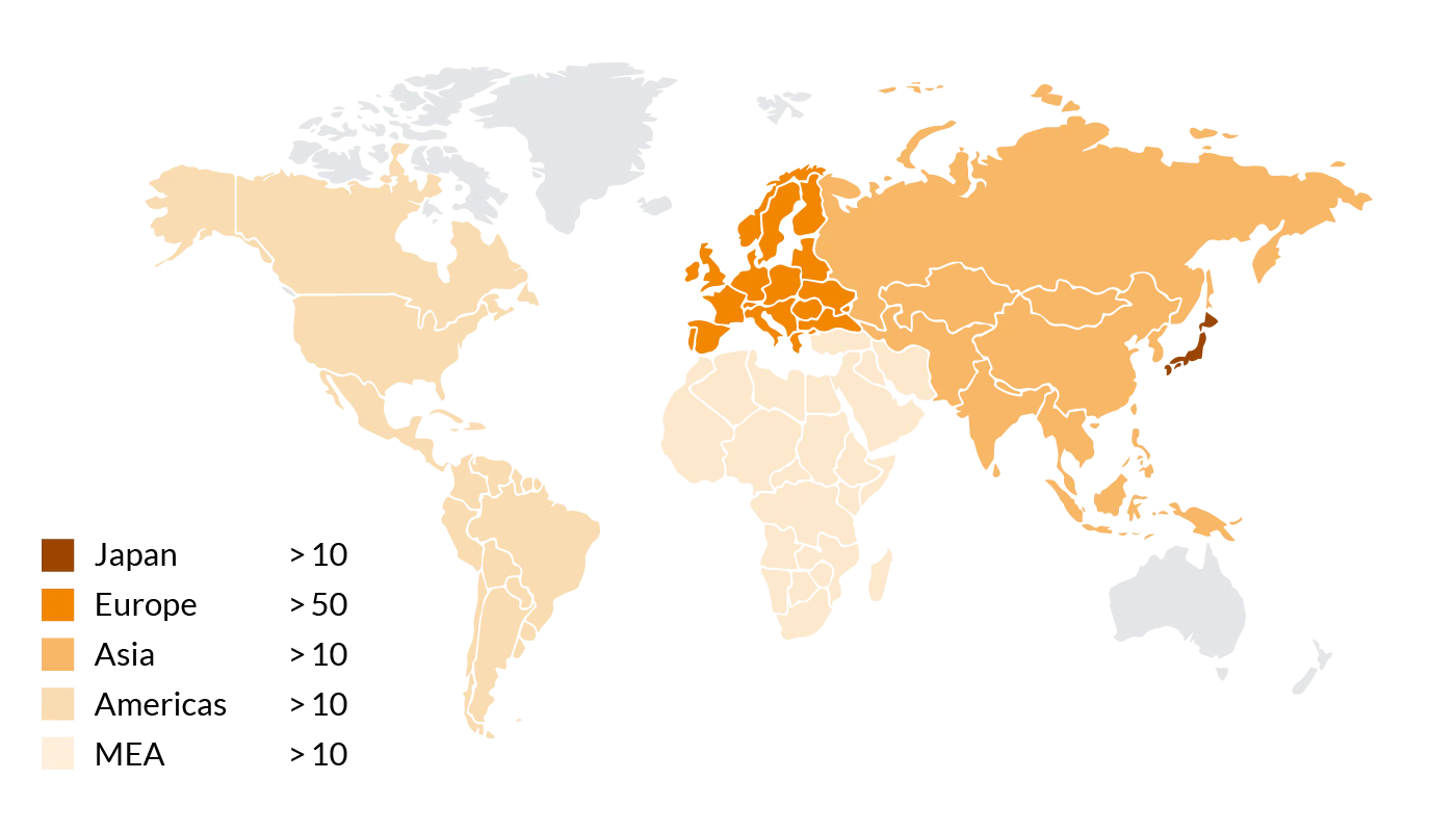 buss_web2024_applications_thermoset_weltkarte Weltkarte mit Übersicht über Ko-Kneter, die in der Duroplast-Compoundierung im Einsatz sind