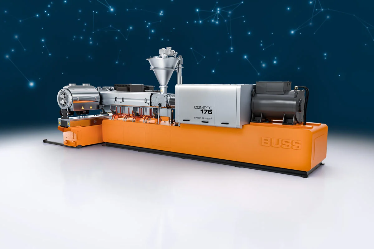 buss_webrelaunch_service_inbetriebnahme_compeo-176-compounder-konfiguration For the commissioning of a compounding system with a BUSS Co-Kneader, a COMPEO 176 compounder with suitable units (discharge unit, intake hopper) is shown.