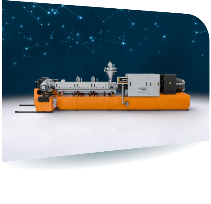 Bildfahne mit Drop-Shadow. In der Bildfahne ist eine COMPEO 110, ein BUSS Ko-Kneter, mit angeschlossenem Einlauftrichter, zwei Sidefeedern und angeschlossener Austragseinheit zu sehen.