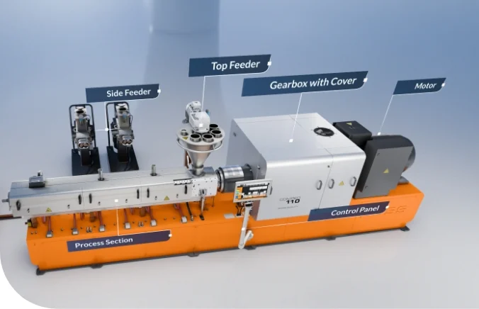 compeo-110-compounder_explanation-of-machine-setup COMPEO 110 Compounder with explanatory flags of the machine setup and marking of the compounding zone.