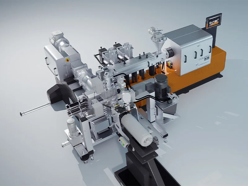 compeo-55-configuration-for-plastic-production_optimized-in-buss-test-centers BUSS COMPEO Compounder with inlet screw, side feeder, liquid injection, and degassing for optimized compounding process, as well as BUSS discharge unit, screen changer, and underwater pelletizing as downstream units for further processing of the polymer melt.