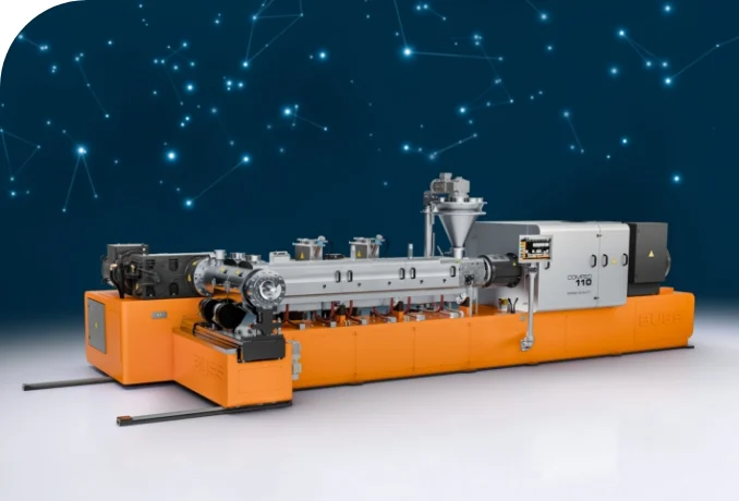 compeo110-compounder_with-sidefeeder-and-topfeeder-and-discharge-unit_plastics-processing_co-kneader COMPEO 110 compounder with an inlet screw, two side feeders, and a BUSS CSS-F discharge unit, serving as an example of the process engineering possibilities.