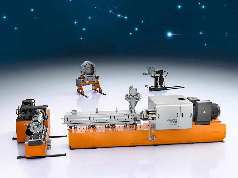 compoundier-system-aggregate_buss-komponenten BUSS COMPEO 110 compounder with matching components: CSS-F discharge unit, CPS-F pelletizer, and SideFeeder.
