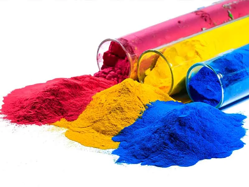 Powder for powder coating the colors red, yellow and blue