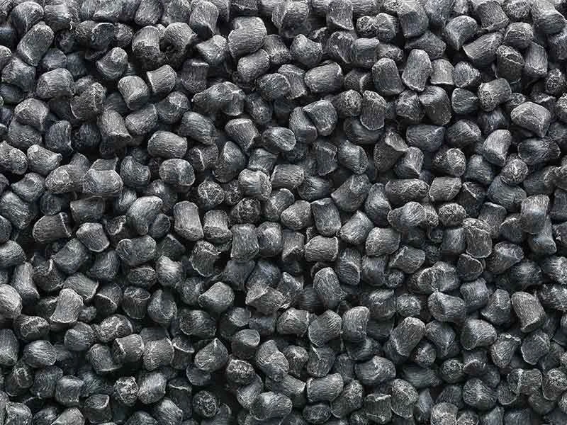 Black granulate, manufactured on a BUSS compounding system for polyamide (PA) compounding