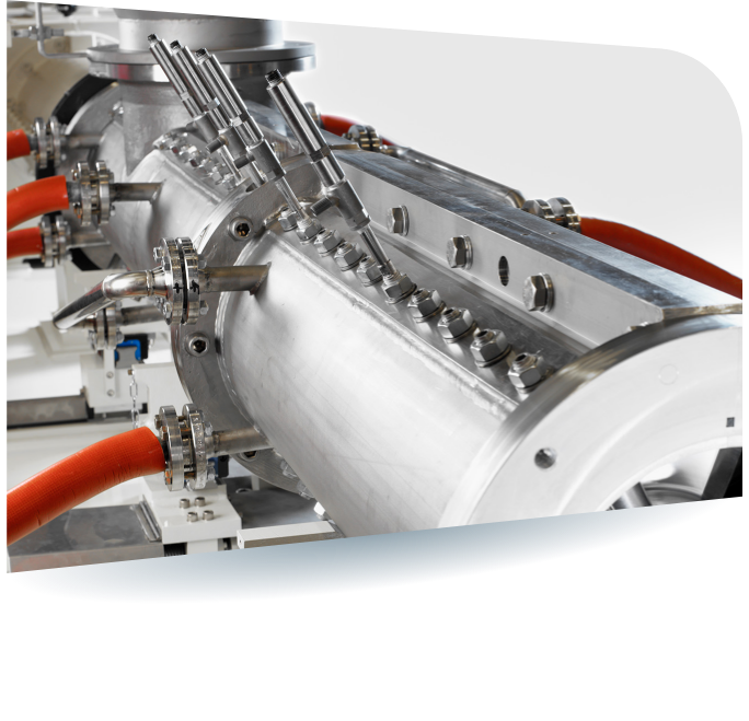 Von außen sichtbarer Teil der Einspritzbolzen und Stifte mit Thermoelementen eingebohrt in den Prozessraum des LR Ko-Kneters zur Lebensmittelaufbereitung.