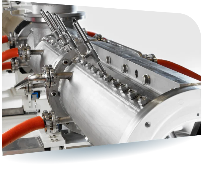 Von außen sichtbarer Teil der Einspritzbolzen und Stifte mit Thermoelementen eingebohrt in den Prozessraum des LR Ko-Kneters zur Lebensmittelaufbereitung.